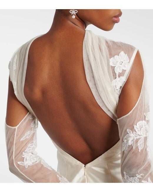 Danielle Frankel White Bridal Esme Lace-Trimmed Silk And Wool Gown