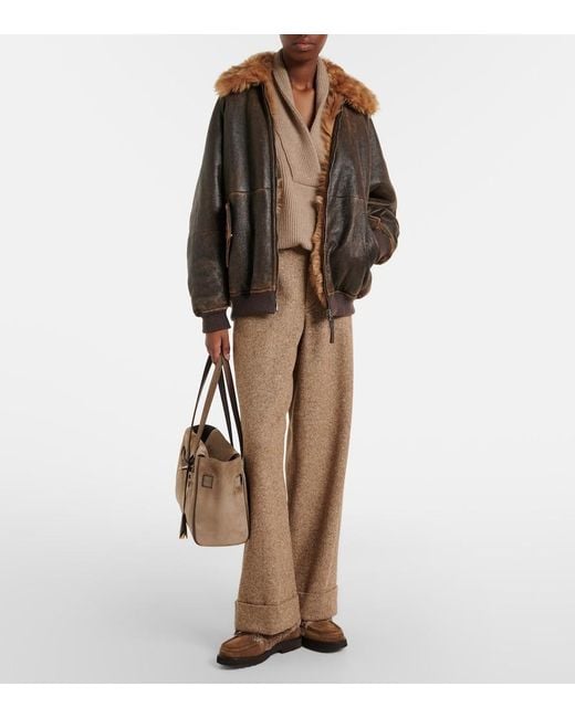 Brunello Cucinelli Brown Monili Wool-Blend Flannel Wide-Leg Pants