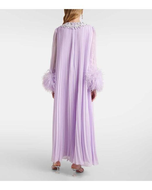 Self-Portrait Purple Feather-Trimmed Plisse Chiffon Midi Dress