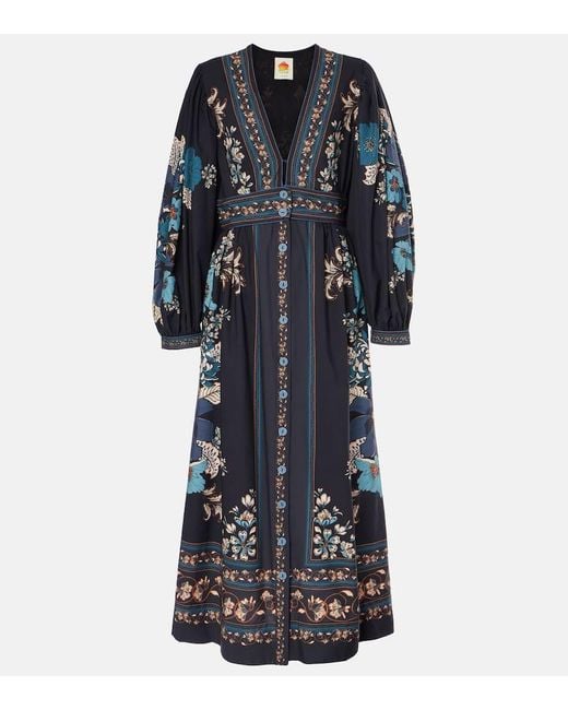 Farm Rio Blue Blossom Tapestry Cotton Midi Dress