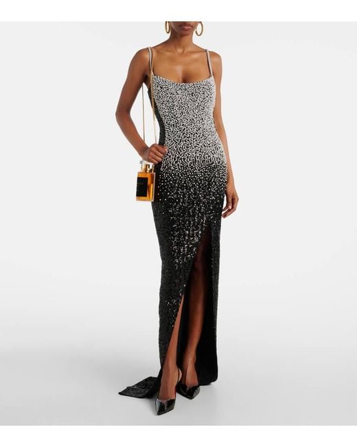 Balmain Black Verzierte Robe Aus Crepe