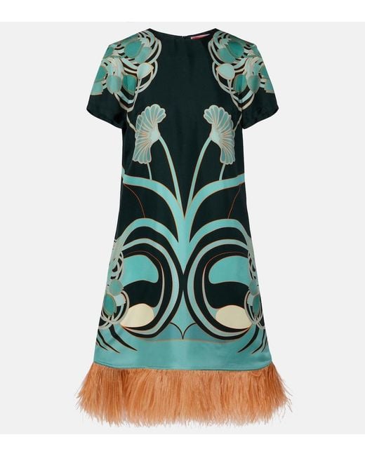 LaDoubleJ Green Swing Feather-Trimmed Floral Silk Twill Minidress