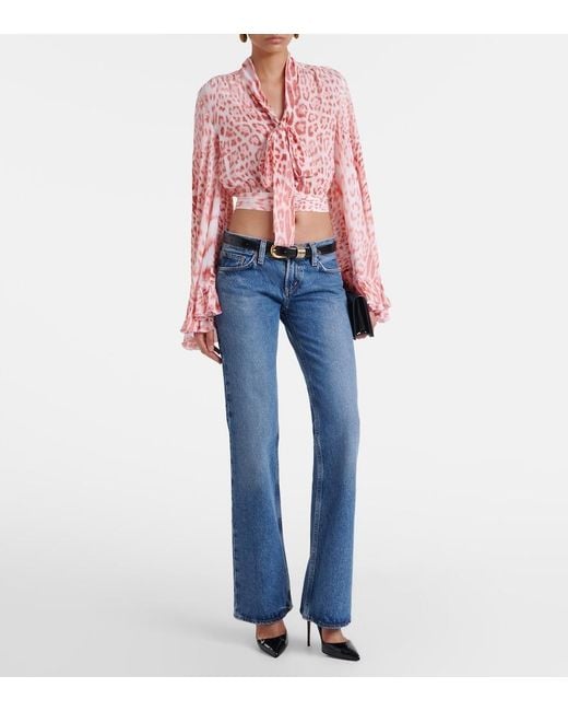 Roberto Cavalli Pink Leopard-Print Tie-Neck Jersey Blouse