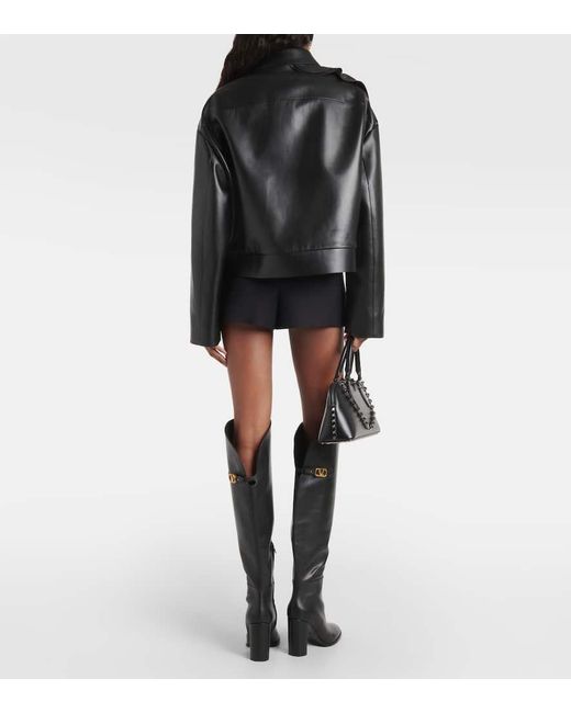 Valentino Black Floral-applique Leather Jacket