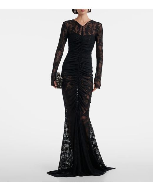 Norma Kamali Black Ruched Lace Gown