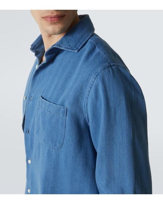 Frescobol Carioca Blue Emilio Herringbone Denim Shirt for men