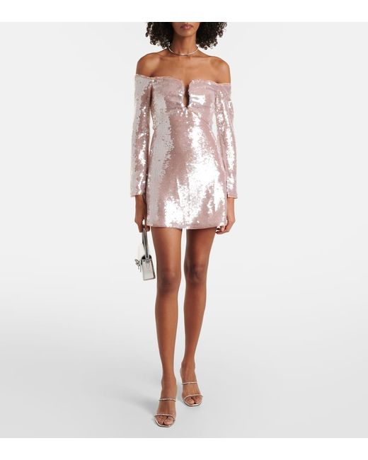 Self-Portrait Pink Sequined Off-Shoulder Minidress