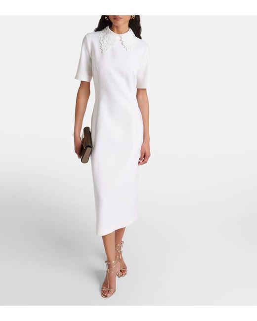 Oscar de la Renta White Lace-trimmed Wool-blend Midi Dress