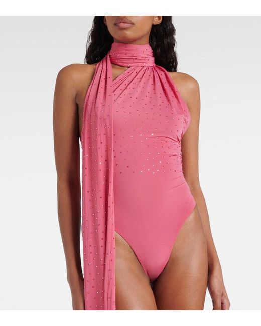 Alex Perry Pink Crystal-Embellished Jersey Bodysuit