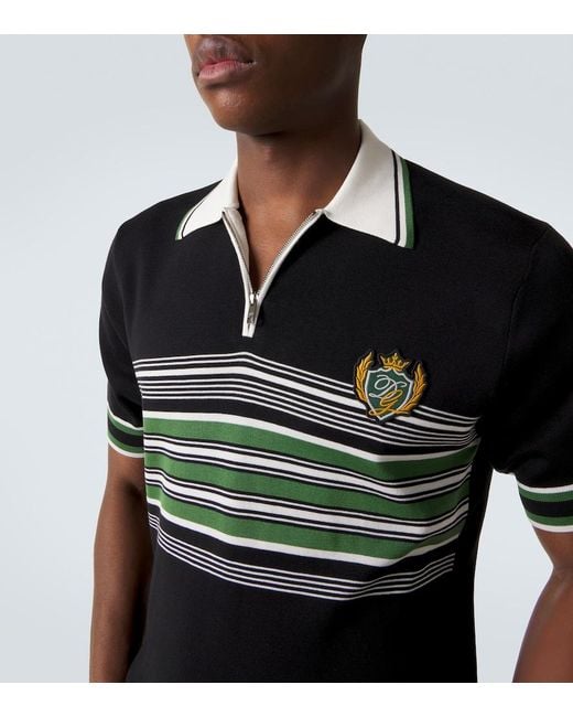 Dolce & Gabbana Black Embroidered Striped Silk And Cotton Polo Shirt for men
