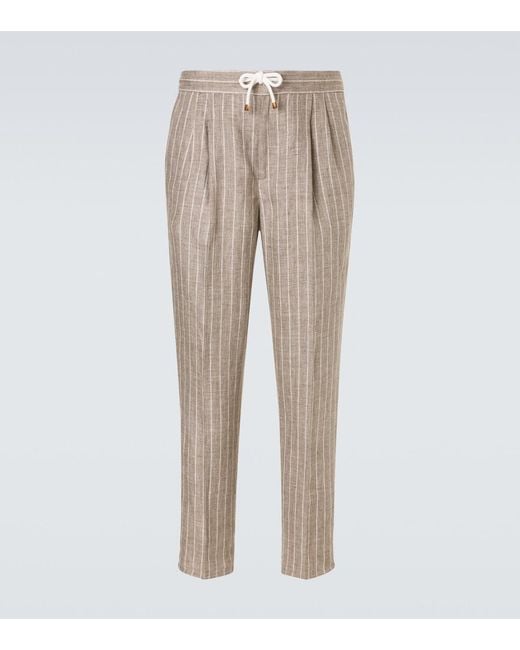 Brunello Cucinelli Natural Chalk Stripe Linen Twill Tapered Pants for men