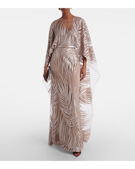 Elie Saab Natural Embroidered Sheer Tulle Gown
