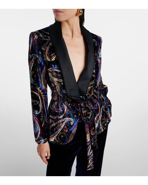 Etro Blue Belted Velvet Jacquard Blazer