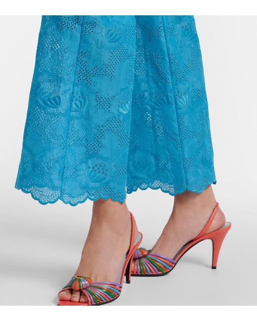 Valentino Blue Broderie Anglaise Scalloped Cotton Straight Pants