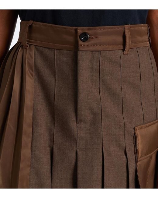 Sacai Brown Layered Pleated Wool-Trimmed Midi Skirt