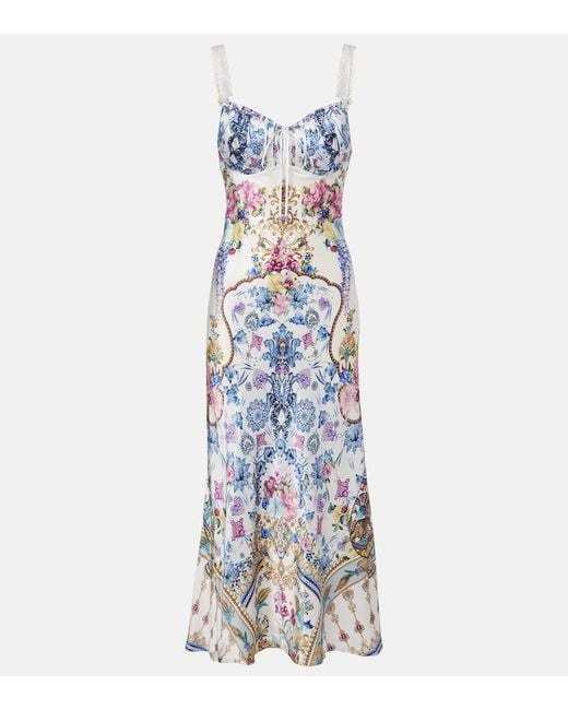 Camilla Blue Embellished Printed Silk Satin Midi Dress