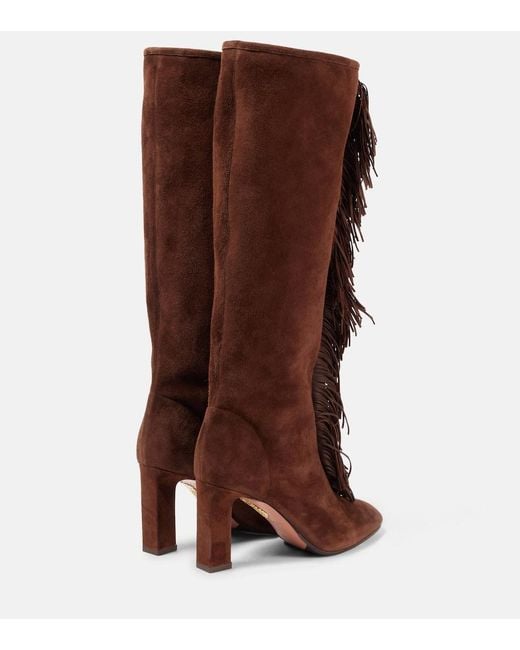 Aquazzura Brown Gytane 85 Fringed Suede Knee-High Boots