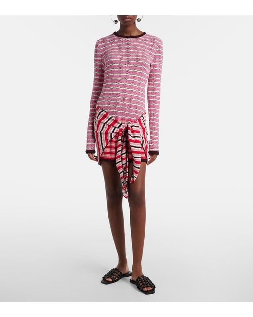 The Attico Red Striped Crochet Cotton Minidress