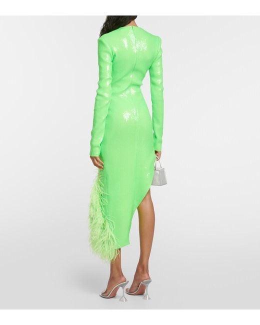 David Koma Green Sequined Feather-Trimmed Midi Dress