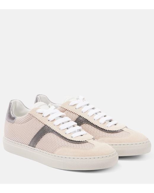 Brunello Cucinelli Natural Monili Suede And Mesh Sneakers