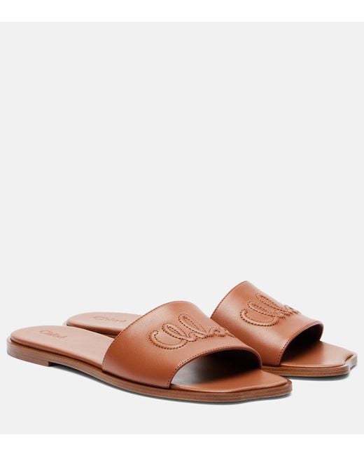 Chloé Brown Flower Leather Slides