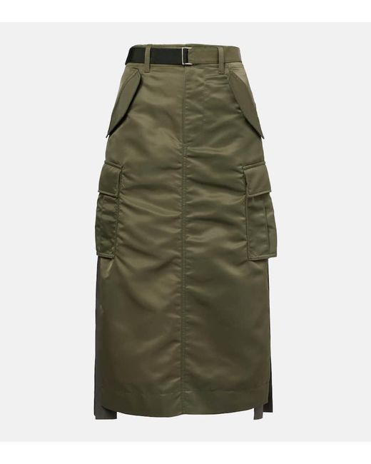 Sacai Green Nylon Twill Midi Skirt