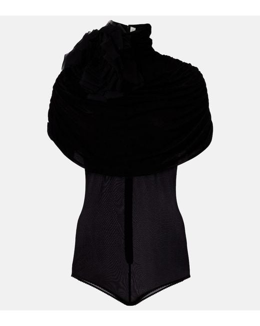 Magda Butrym Black Floral-Applique Caped Bodysuit