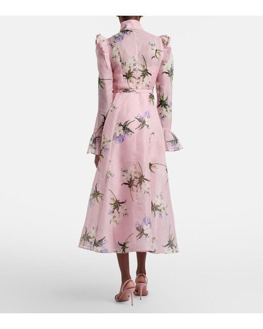 LEO LIN Pink Katrina Floral Linen And Silk Midi Dress