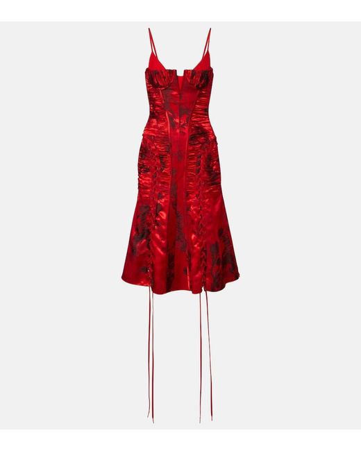McQueen Red Lace-Up Ruched Midi Dress
