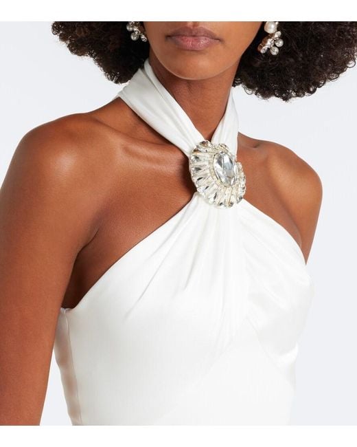 David Koma White Embellished Halterneck Satin-Trimmed Gown