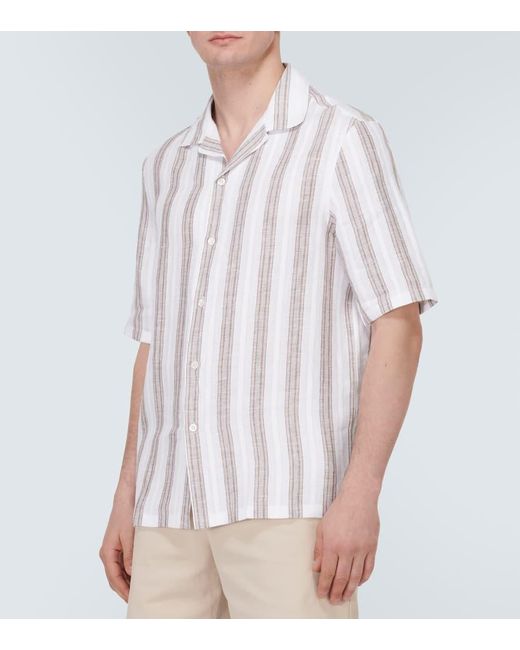 Camicia in lino a righe di Brunello Cucinelli in White da Uomo