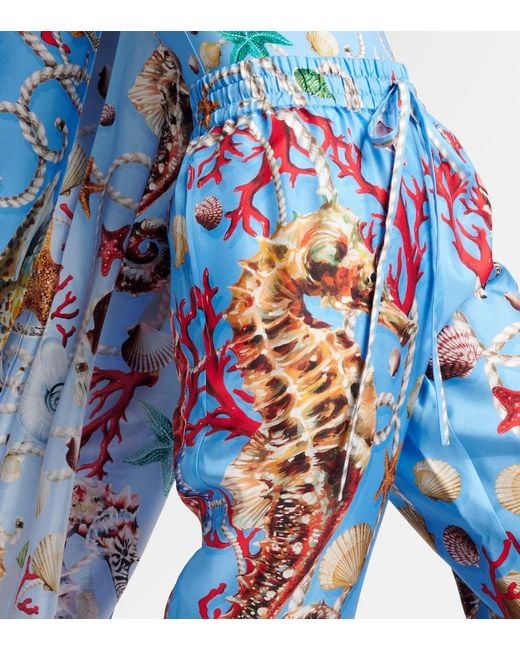 Dolce & Gabbana Blue Bedruckte Gerade Hose Capri Aus Seide