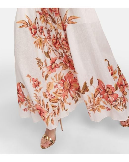 Zimmermann White Vacay Billow Belted Floral-print Linen Maxi Dress