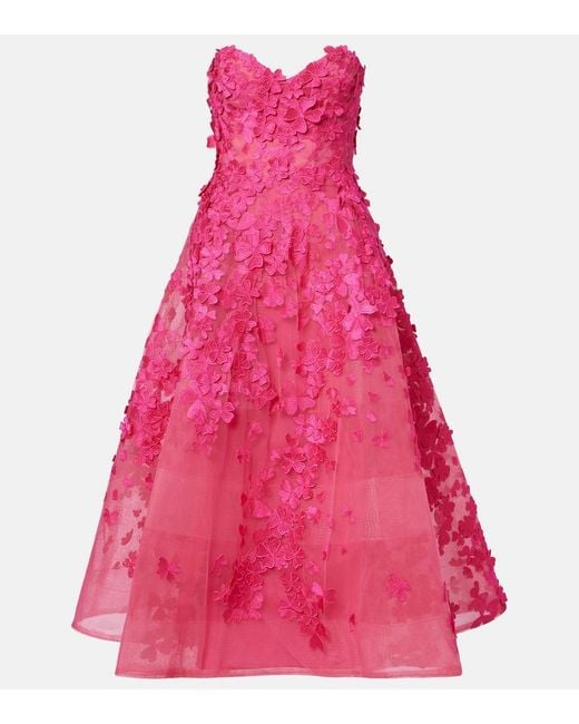 Monique Lhuillier Pink Floral-Applique Tulle Midi Dress
