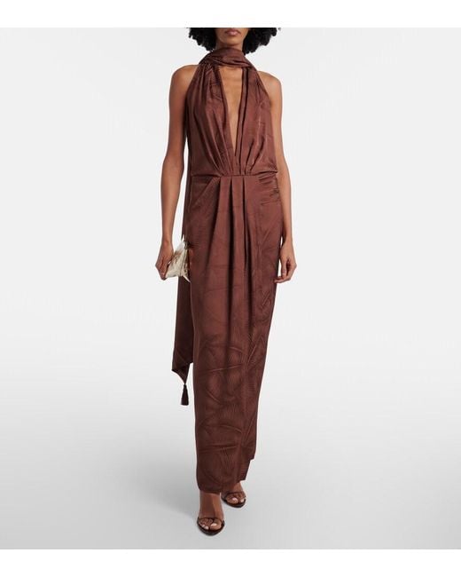 Johanna Ortiz Brown Halterneck Jacquard Maxi Dress