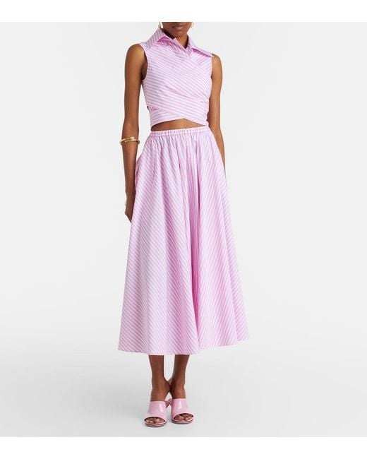 Patou Pink Pleated Striped Cotton Poplin Midi Skirt