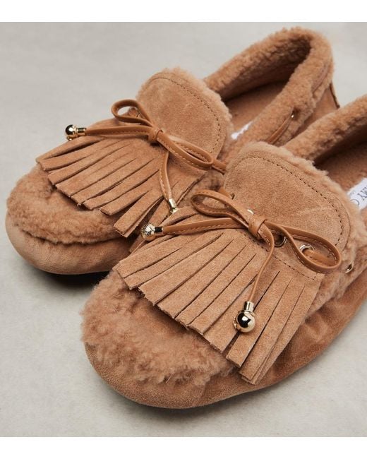 Jimmy Choo Brown Manon F Shearling-Lined Suede Boat Shoes