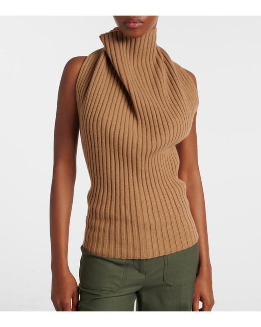 Victoria Beckham Brown Draped Ribbed-Knit Wool-Blend Top