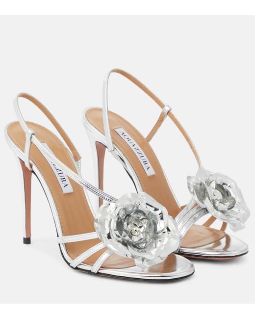 Aquazzura White Paris Rose 105 Crystal-embellished Metallic Leather Sandals