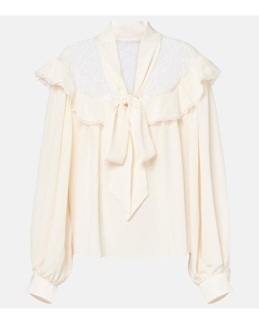 Stella McCartney Natural Bow-Detail Lace-Trimmed Silk Blouse