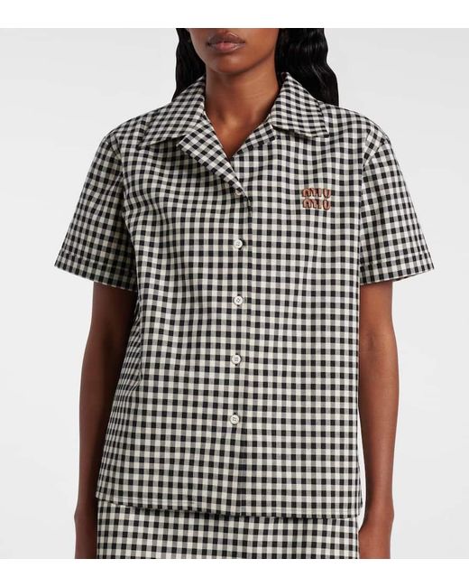 Camisa De Algodon A Cuadros Con Logo Miu Miu de color Black
