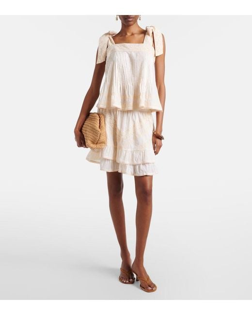 Juliet Dunn Natural Ruffled Lace-Trimmed Cotton Miniskirt