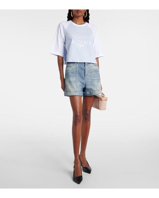 Balmain Blue Patterned Denim Shorts