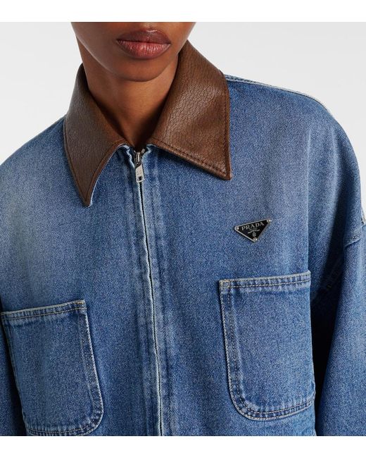 Prada Blue Leather-Trimmed Cropped Denim Jacket