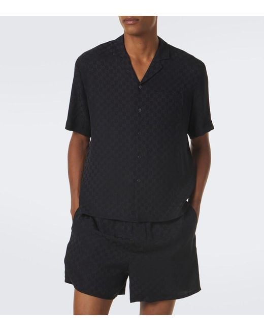Gucci Black Gg Jacquard Silk Bowling Shirt for men
