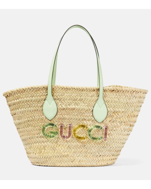 Gucci Metallic Small Logo Raffia Basket Bag