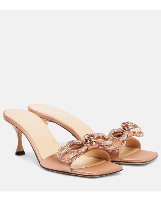 Mach & Mach Natural Double Bow Embellished Satin 65 Mules