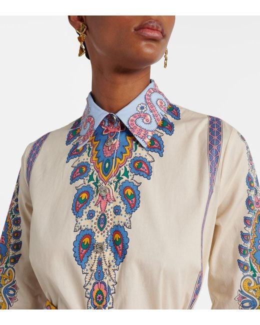 Etro White Cotton Chemise Midi Dress With Paisley Print