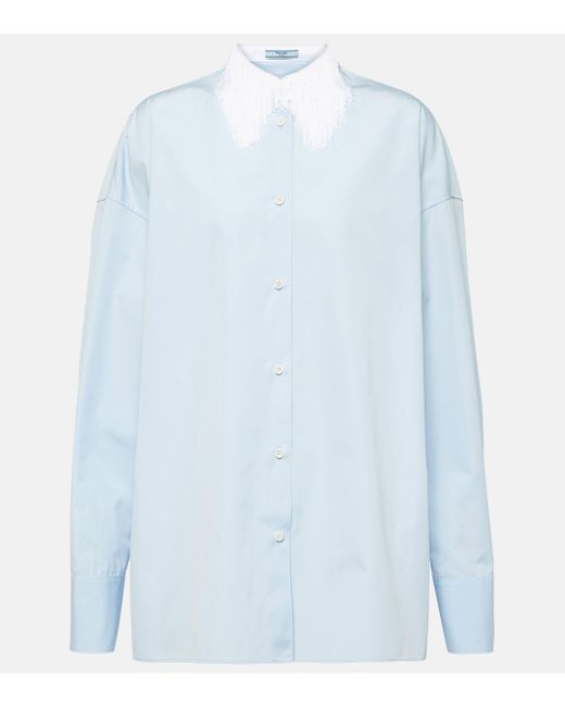 Prada Blue Fringe-trimmed Cotton Poplin Shirt