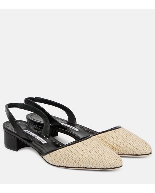 Manolo Blahnik Natural Raffro Leather-Trimmed Raffia Slingback Pumps